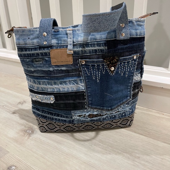 Denim patchwork shoulder bag upcycled jeans boho bag - Picture 12 of 15